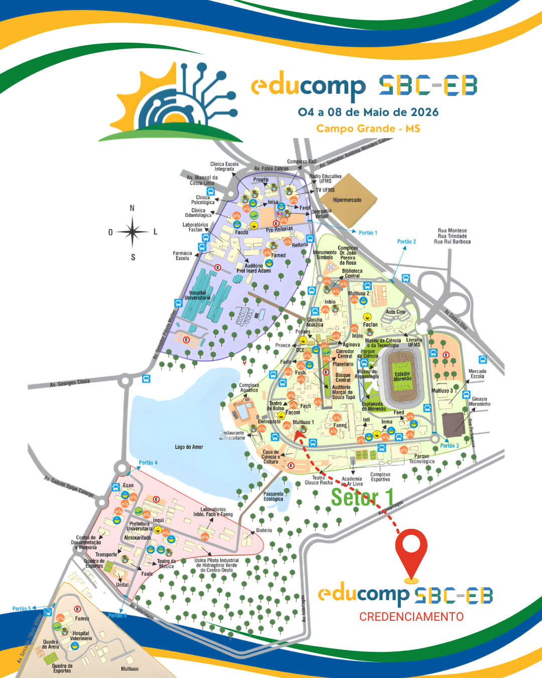 Rota até o credenciamento do evento a partir do portão principal da UFMS
